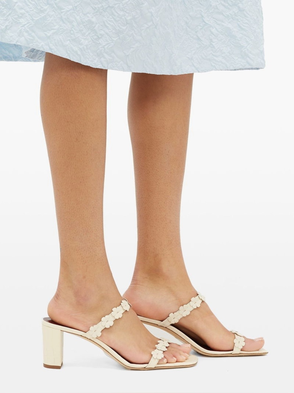Staud Frankie Daisy-Embellished Croc-Effect Mules in Cream